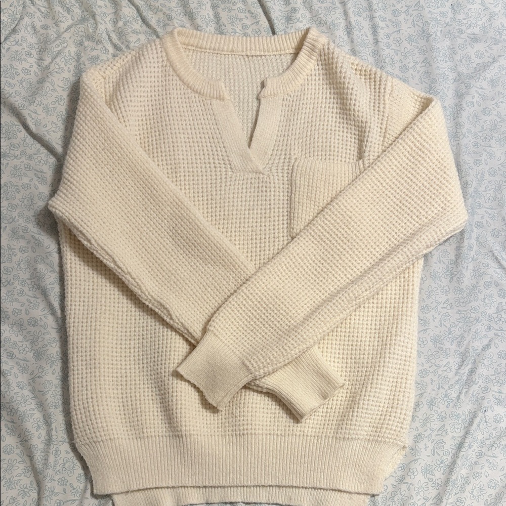 Cream Waffle Knit Sweater. cozy and layered where the back is longer than front